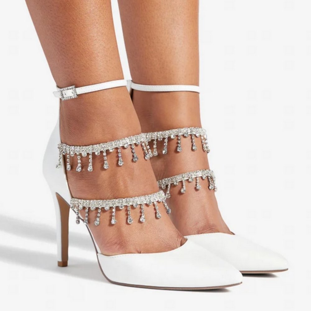 Shoe Dazzle White Crystal Fringe Ankle-Strap Heels